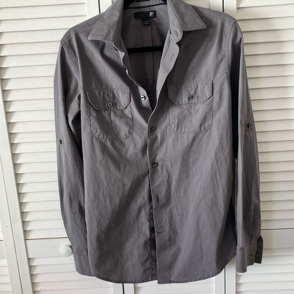 JF J. Ferrar Gray Dress Shirt slim fit casual 100% cotton size S‎